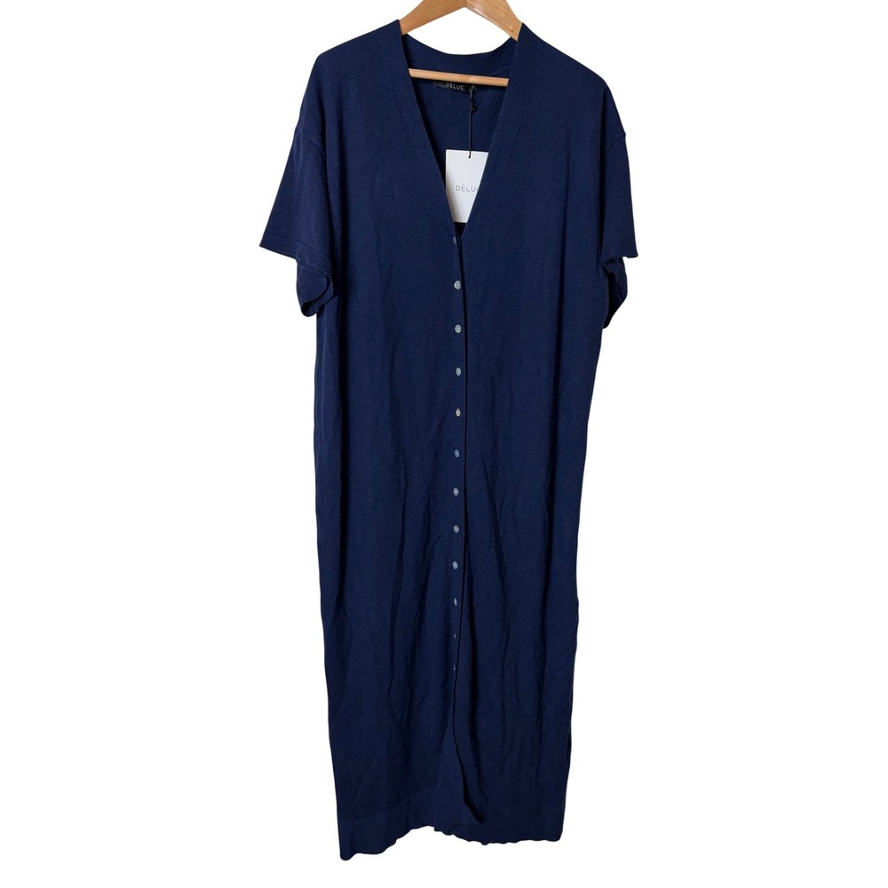 Deluc Dario Knit Dress Navy Blue Button Down Short Sleeve Midi Cardigan S
